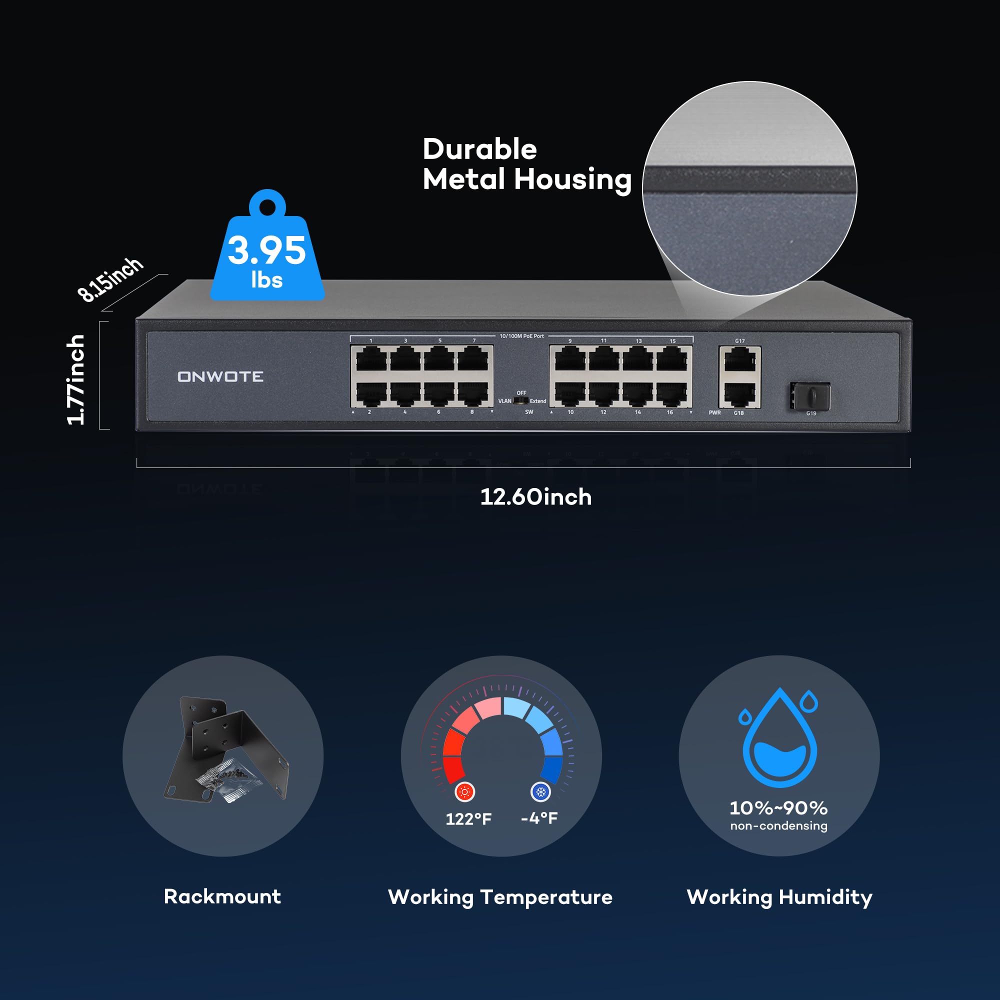 ONWOTE Switch PoE Ethernet a 16 porte @ 300W, 2 porte Uplink Gigabit RJ45, 1 x slot SFP, supporto 4K 8MP 5MP PoE IP telecamere di sicurezza, iniettore PoE aggiuntivo al sistema NVR PoE