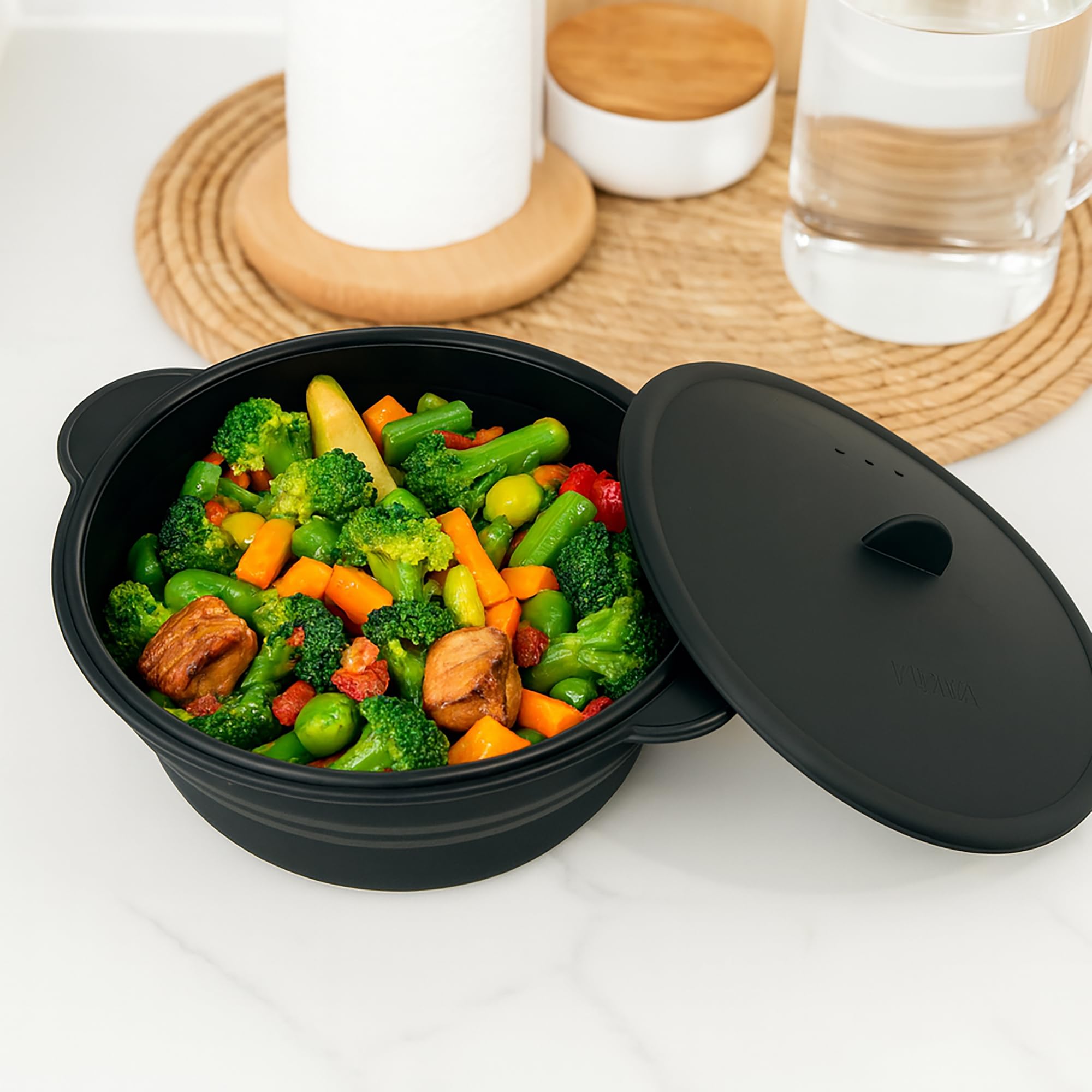 VINAK - Składany Parowar Silikonowy 1200ml do Mikrofali i Airfryer | Naczynie do Gotowania na Parze z Dwustronną Tacką