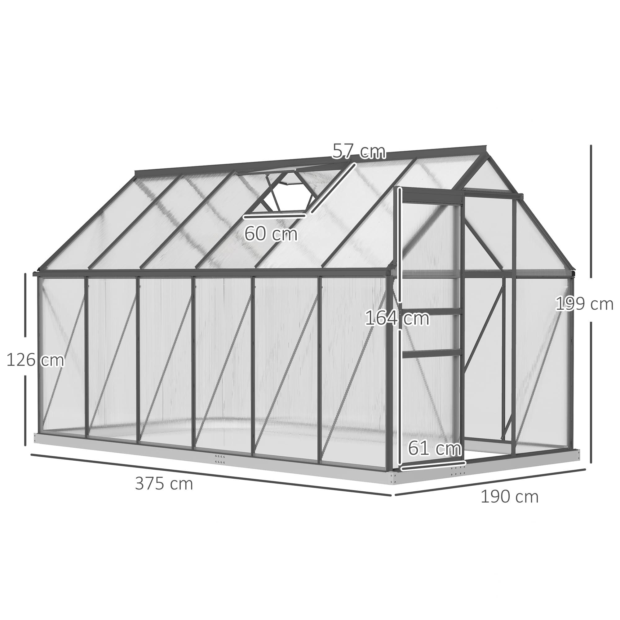 Outsunny Szklarnia ogrodowa 7 m² z aluminium poliwęglanowego z fundamentem, 190 x 375 x 199 cm, szklarnia z regulowanym oknem i drzwiami przesuwnymi, zadaszenie zewnętrzne, odporna na warunki