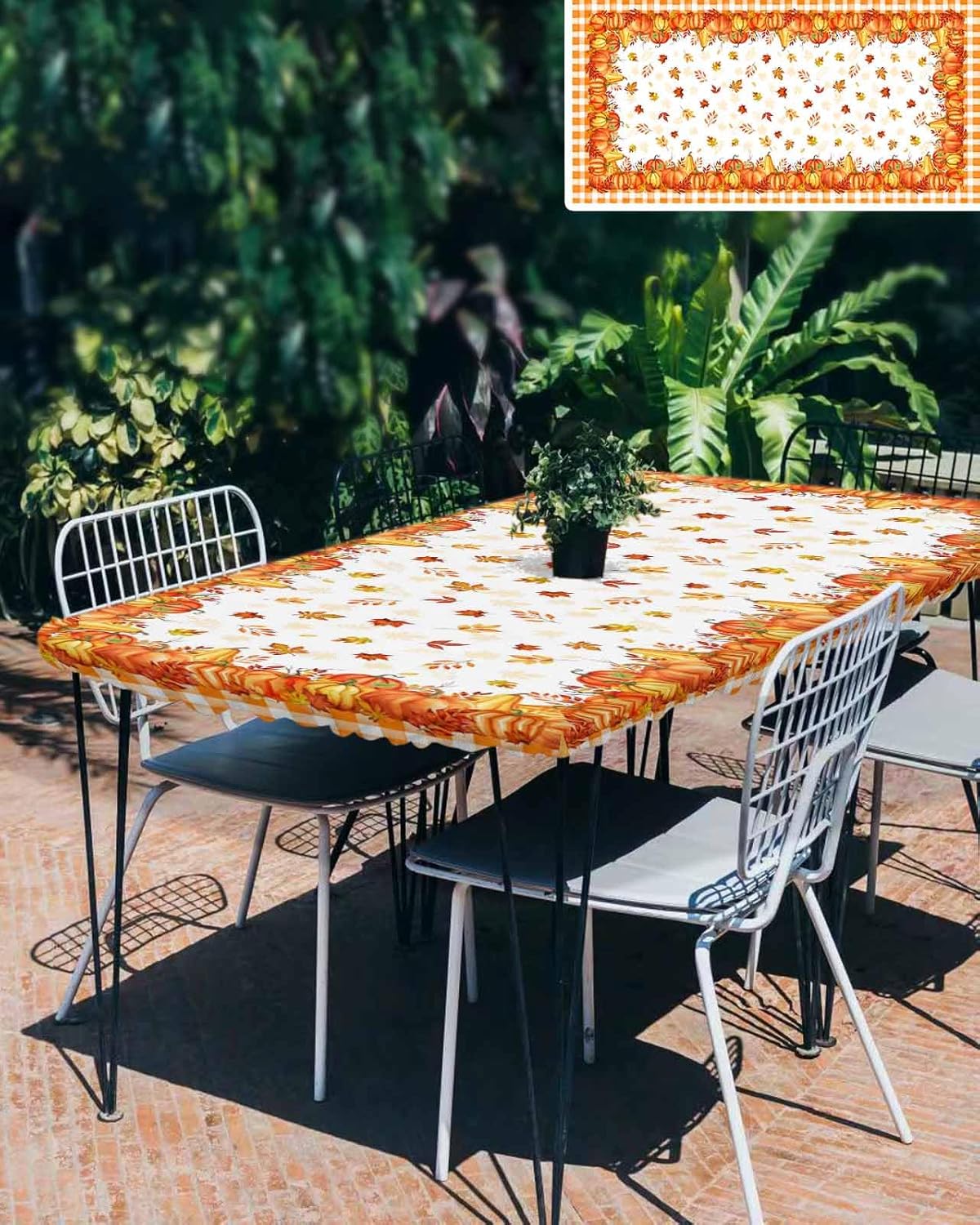 Orange Pumpkin Plaid Tablecloth Fitted Table Cover for 4ft Tables - Thanksgiving Buffalo Fall Leaf Waterproof Wipeable Elastic Table Cloth for Outdoor Picnic Camping Dining Party, 24"x50"