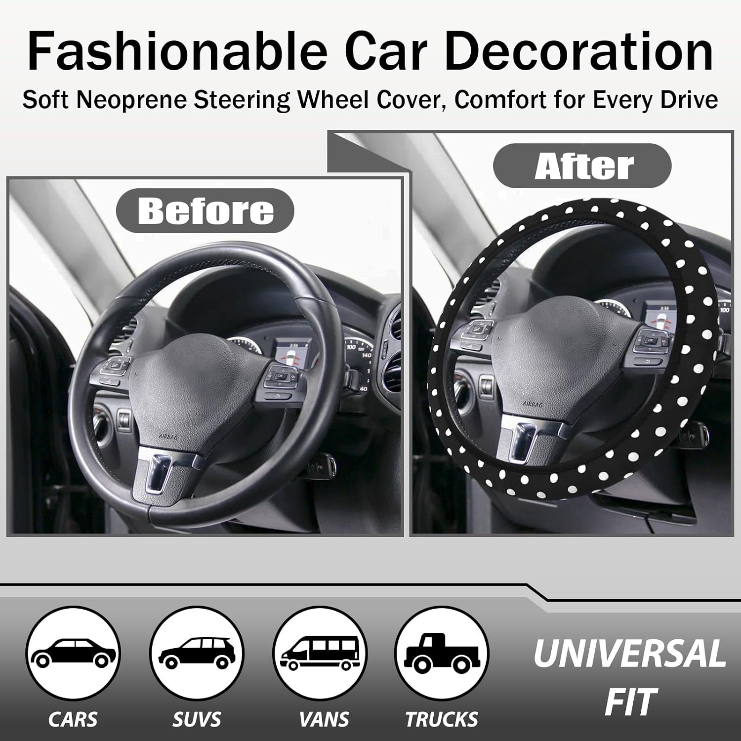 Polka Dot Steering Wheel Cover，Cute Polka dots Car Accessories for Women and Men-Elastic Universal 15 Inch Steering Wheel Covers with 2 pcs Cup Holder image 4