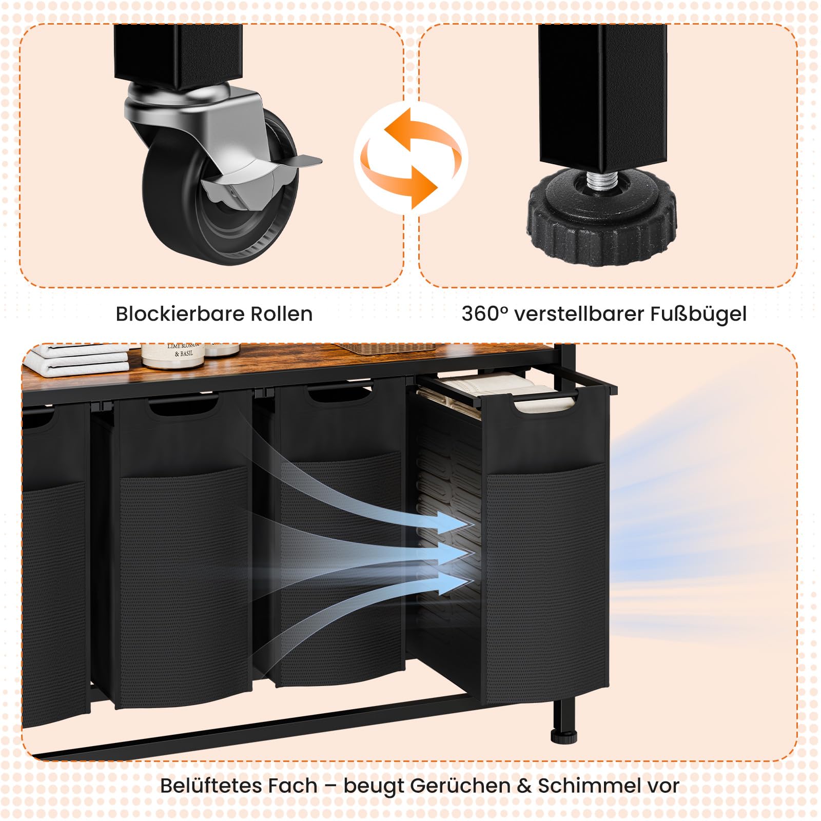 Sweetcrispy Wäschesammler mit Rollen, Wäschekorb 4 Fächer, 160 L, Schwarz | mit Ablage, 4 abnehmbare Wäschesäcke, Familien-Wäschesortierer, für Waschküche/Bad