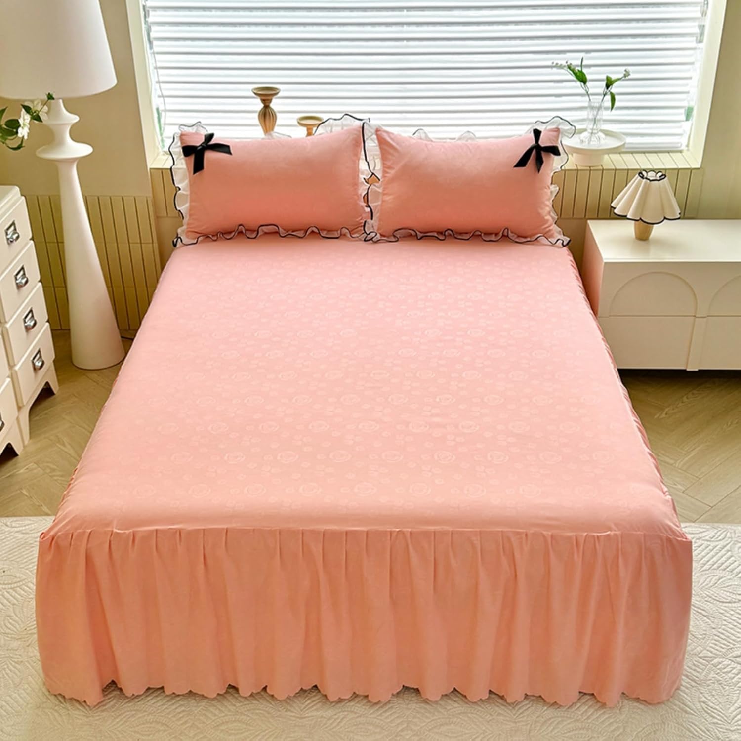 Drap-housse à motif de roses orange 200x220cm grand lit avec jupe à volants