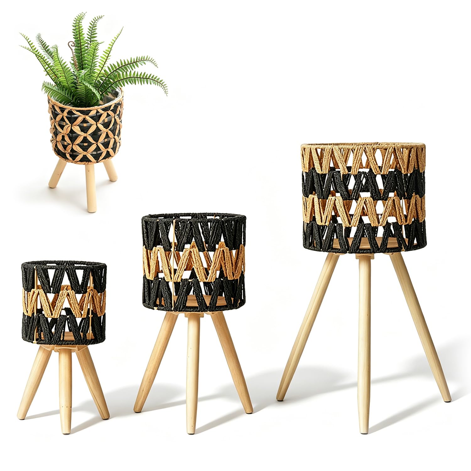 Tissting Pflanzenständer Imitation Rattan Blumenständer, 3er Set Holz Dreieck Blumenhocker Pflanzenhocker Deko Hocker für Innen Balkon Wohnzimmer Deko 15/20/25cm