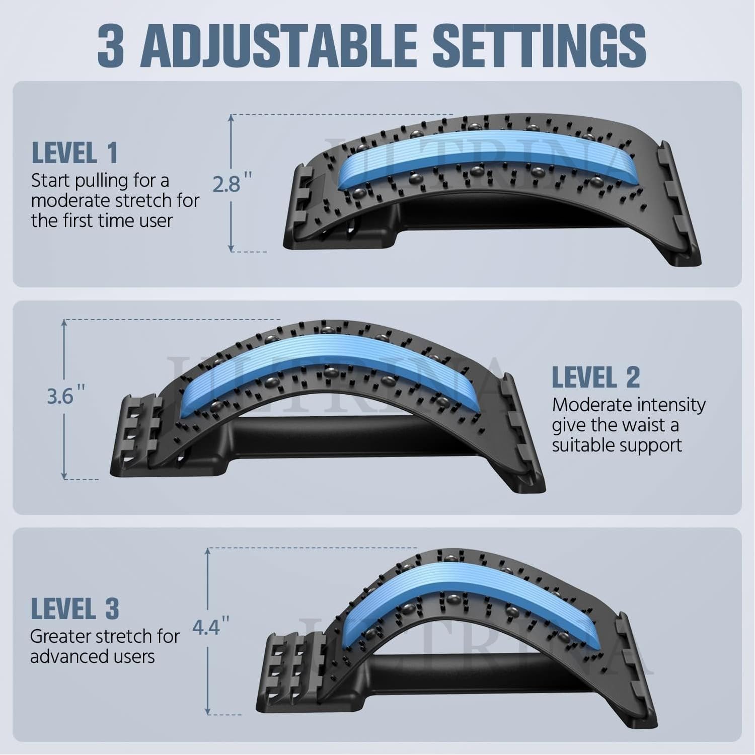 Ultrina back stretcher 3 level lumbar area back to lower and upper muscle pain support spinal curve back relaxation device bed chair and car, low back pain relief products. Ultrina back stretcher 3 level lumbar area back to lower and upper muscle pain support spinal curve back relaxation device bed chair and car, low back pain relief products.