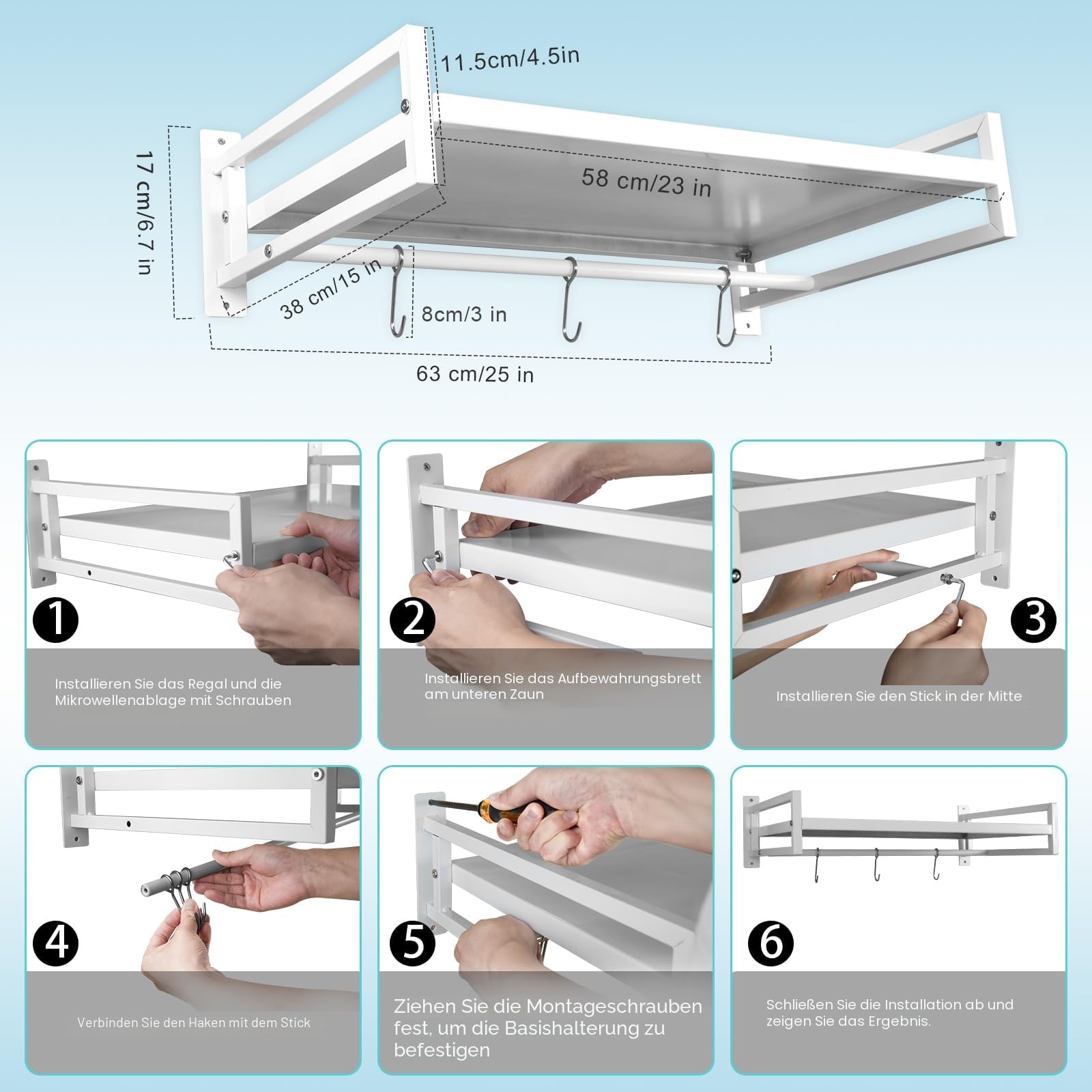 ABCOOL Wandmontage Mikrowellenofen Regal Rack für die Küche zu Hause, Carbon Stahl Counter Countertop Halter mit Haken Schiene und 3 verschiebbare Haken