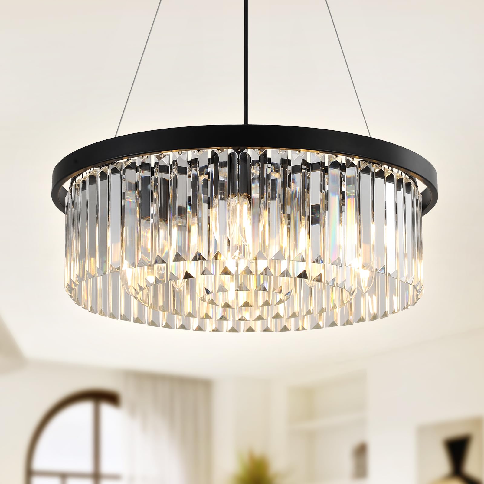 YZBEIMDAI Modern Crystal Chandelier Light, 60CM Round Crystal Pendant Lamp, Luxury 3 Layers of Crystal Pendant Ceiling Light for Dining Room, Living Room, Bedroom, Clear Crystal