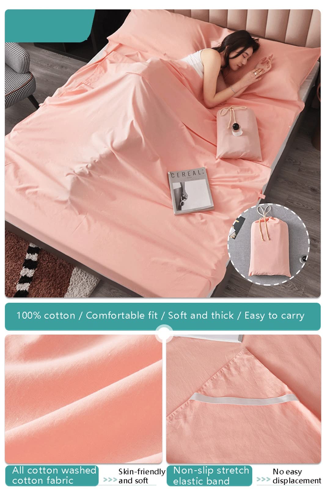 RUZGAR Sacco a Pelo Matrimoniale Sacchi a Pelo Estivi Sacco a Pelo Leggero e Compatto in 100% Cotone Motivo a Righe a Quadri Sacco Nanna for Viaggi in Hotel (Color : Pink B, Size : 200x210cm-78x82)