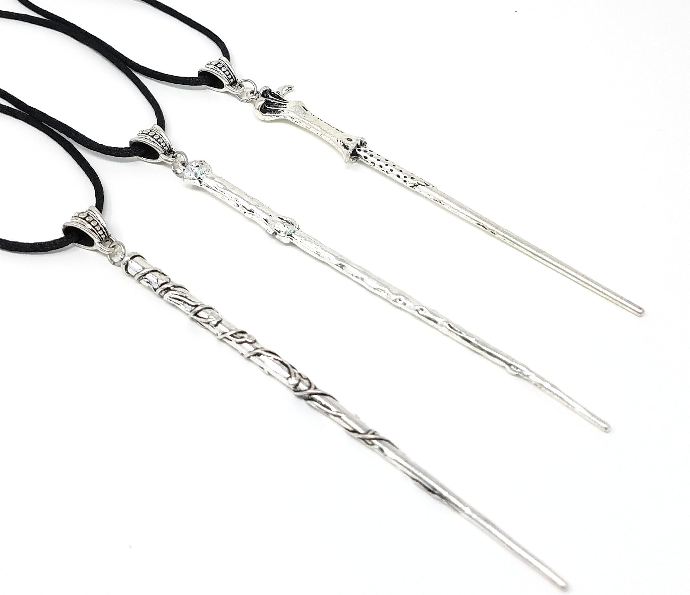 Harry Potter Inspired 3 Wand Necklace Set Comes with Harry, Hermione and Voldemort's Wands