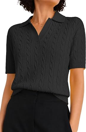 QUALFORT Cable Knit Womens Short Sleeve Sweater Soft V Neck Polo Tops | Premium Heavier Soft Fabric, Stretch Lapel Neck, Collared Pullovers, Cute Casual 2026 Summer Outfits, Business, Machine Wash