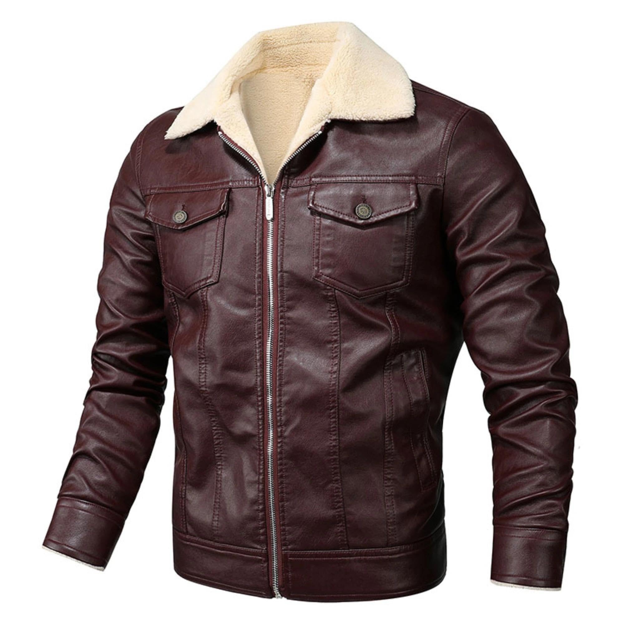 Maiyifu-GJ Men Sherpa Lined Faux Leather Jacket Winter Fleece Lapel Motorcycle Coat Vintage Fur Collar Jacket Leather Jacket (Brown,XX-Large)