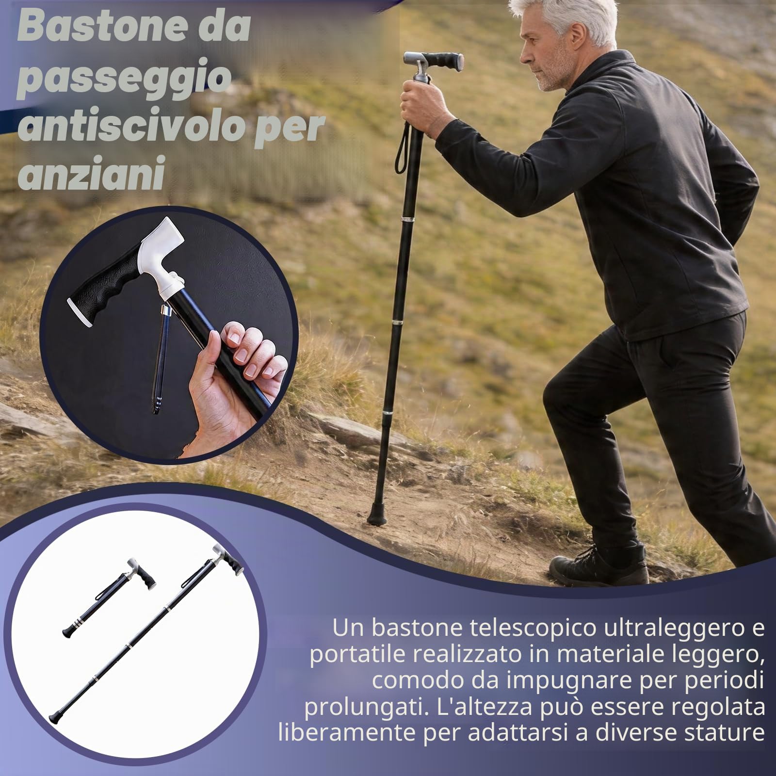 Canne de Marche, Bastone da Passeggio a 4 Sezioni de 38,5 à 96,5 cm Bastone da Trekking Telescopico de 47,5 à 105 cm Bastone da Passeggio 2 en 1 avec Poignée Ergonomique et Embout en Caoutchouc
