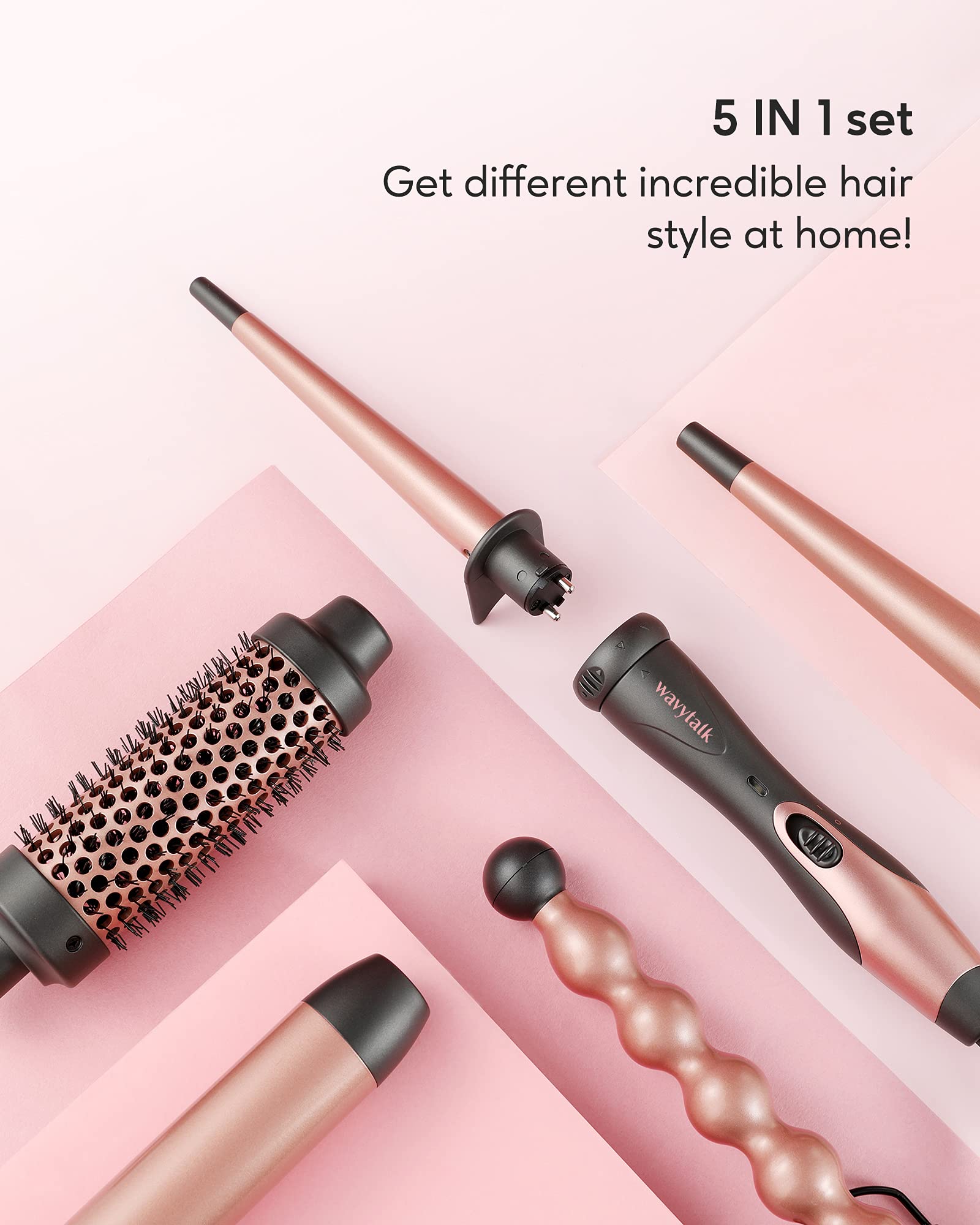 Wavytalk 5 in 1 Curling Iron,Curling Wand Set with Curling Brush and 4 Interchangeable Cermic Curling Wand(0.35”-1.25”),Instant Heat Up,Include Heat Protective Glove & 2 Clips