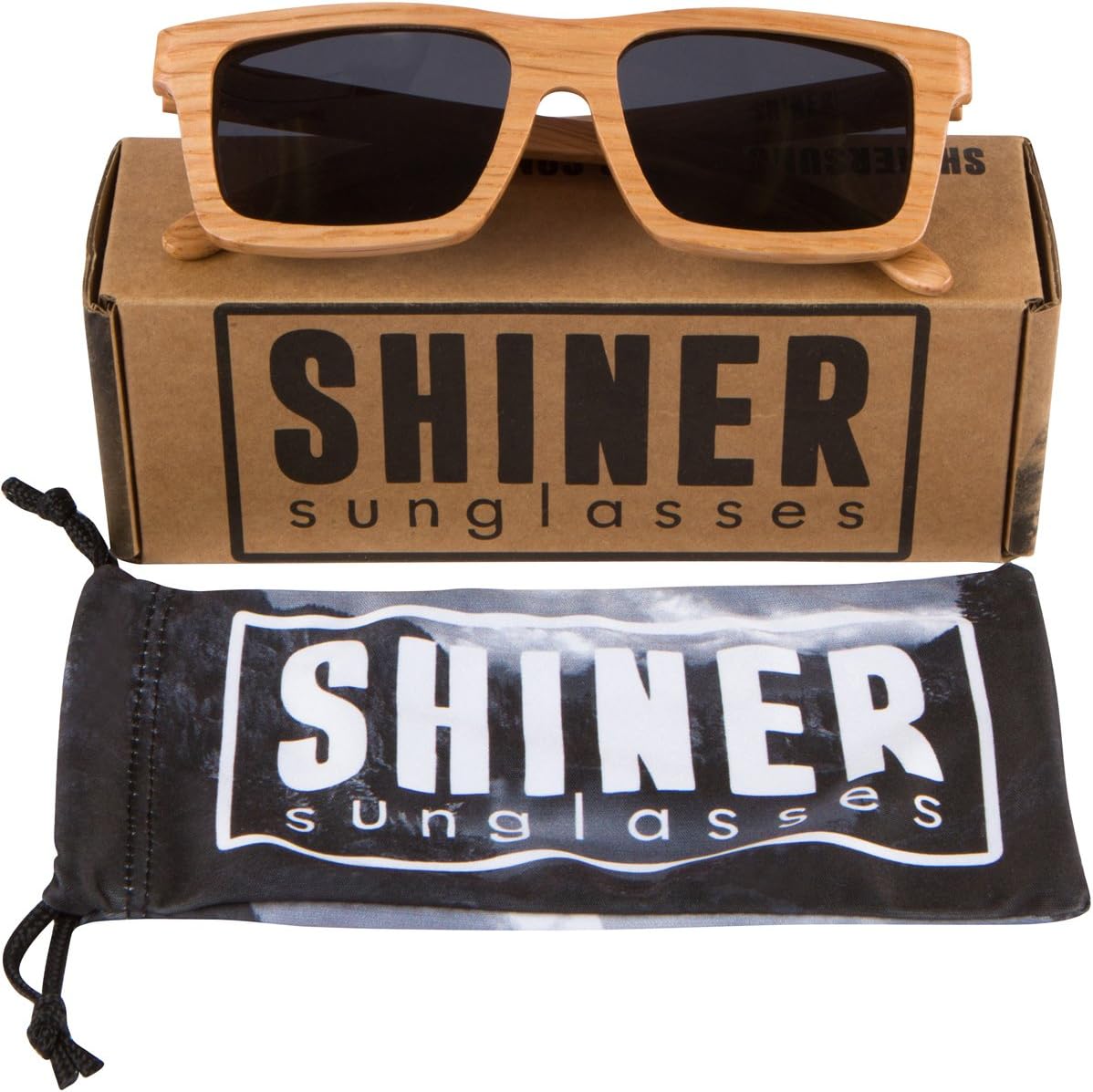 SHINER Wood Sunglasses - Engraved Oak Polarized Black Lens with Unique Rectangle Lightweight Floating Wooden Frame (Oak, Midnight Black)