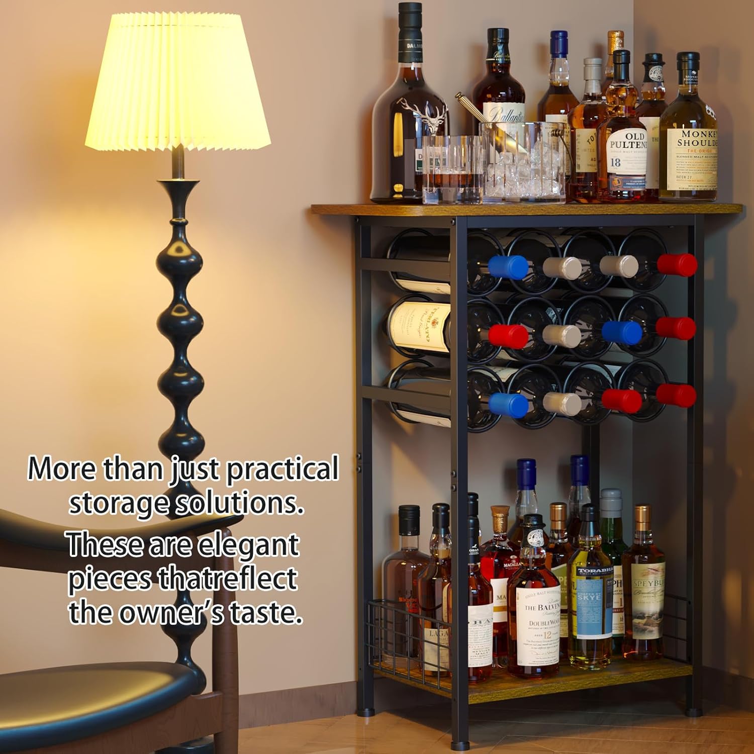 3-Tier Wine Rack Freestanding Floor Cabinet Corner Bar Cabinet Bar Cart,12 Individual Wine Storage Bottle Compartments Corner Bar Cabinet Holder (3-Tier Wine Rack 08)