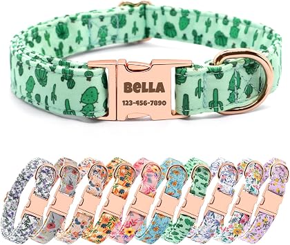 Personalized Floral Dog Collar with Engraved Name, Pattern-G L | Adjustable Polyester Dog Collar, Laser-Engraved Metal Buckle, Durable D-Ring, Matching Leash Available