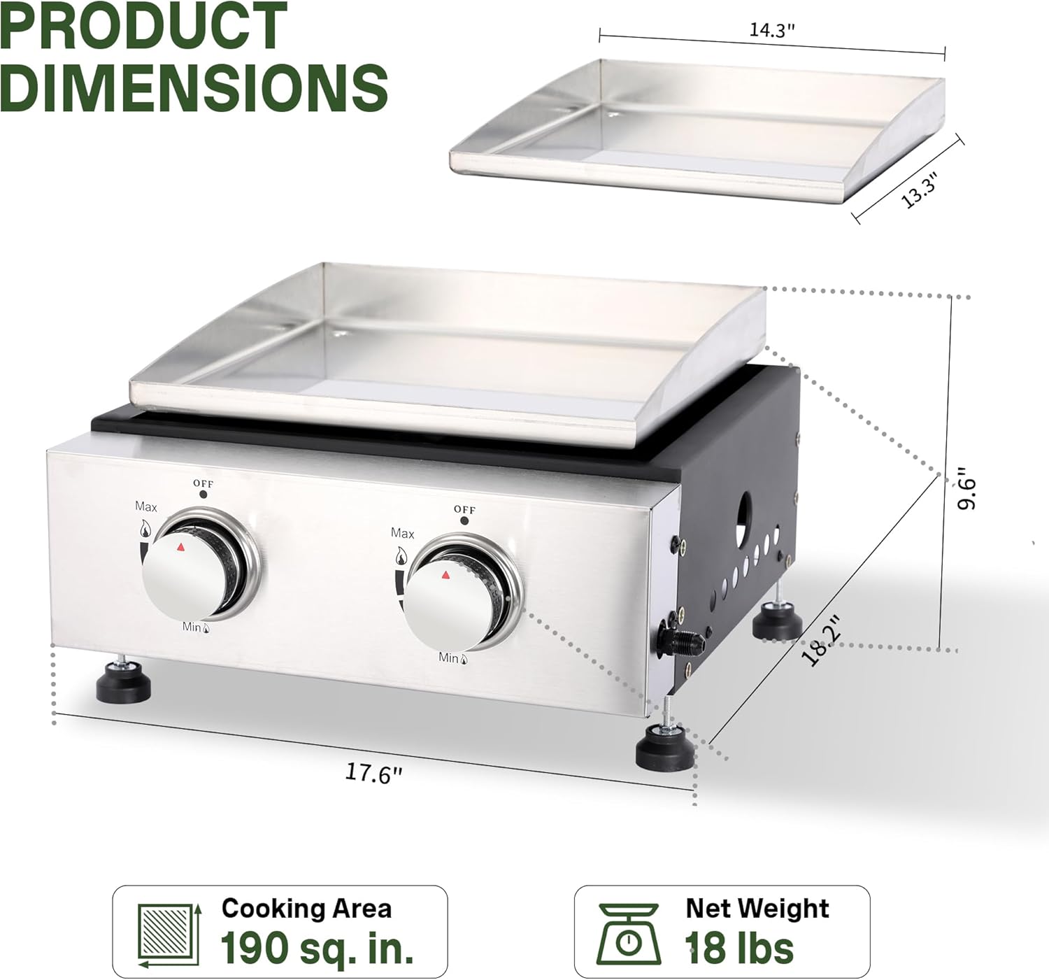 2-Burner Propane Griddle with Storage Cover, Portable Camping Griddle with Stainless Steel Cooking Surface, 20,000 BTU Tabletop Gas Griddle for Outdoor BBQ, Tailgating, RV Trips