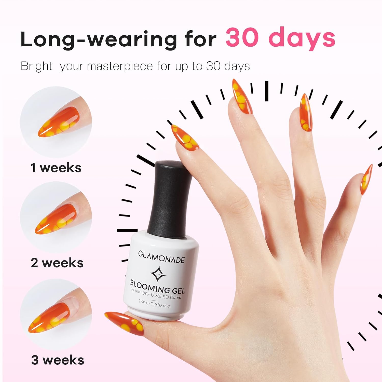 Glamonade Blooming Gel Nail Polish: 15 ml Clear Led Uv Blooming New Year Gel for Spreading Effect - Marble Floral Watercolor Soak Off Nails Art Design - Gift for Nail Artists & Beginners