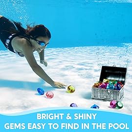 Sloosh Diving Gems Pool Toys,16 Big Colorful Diamond with Pirate Treasure Chest,Swim Dive Toy for Kids Underwater Gemstone Swimming Training Gift Water Toys Pool Games(Silver)