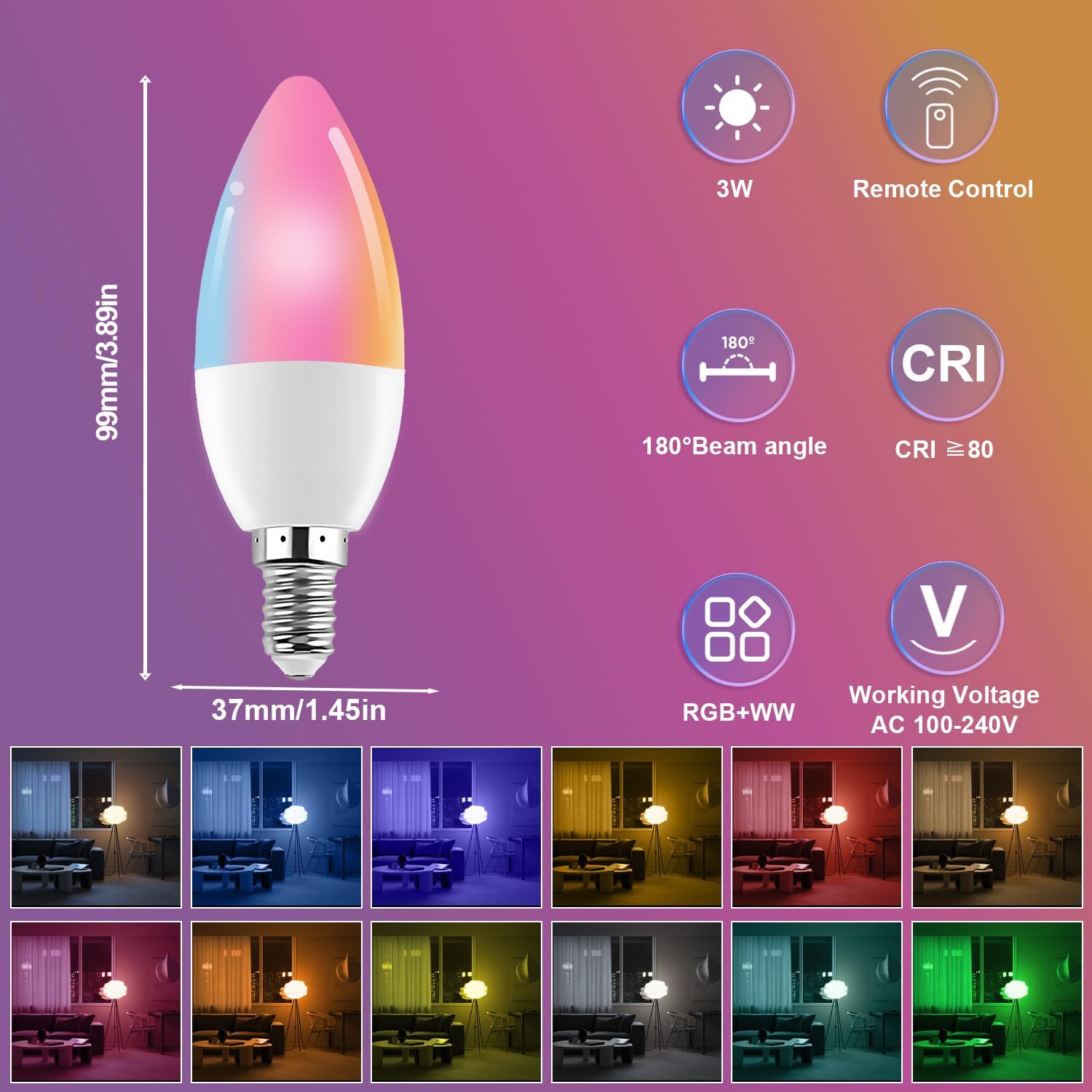 XRise E12 LED Bulb 3W Color Changing Candle Light (RGB + Warm White) 12 Colors, 3000K, Remote Control Included (2 Remote) Decorative Candle Lamp for Stage Home Decor,5 Pack