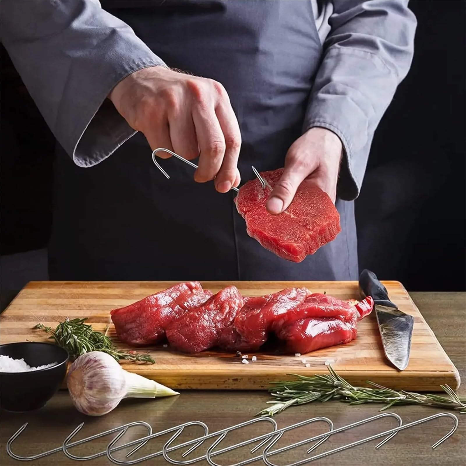 100 ganchos en forma de S de acero inoxidable con punta afilada for colgar utensilios de cocina, de carnicero, for ahumar y procesar carne en barbacoa. Para Carnes(12cm)