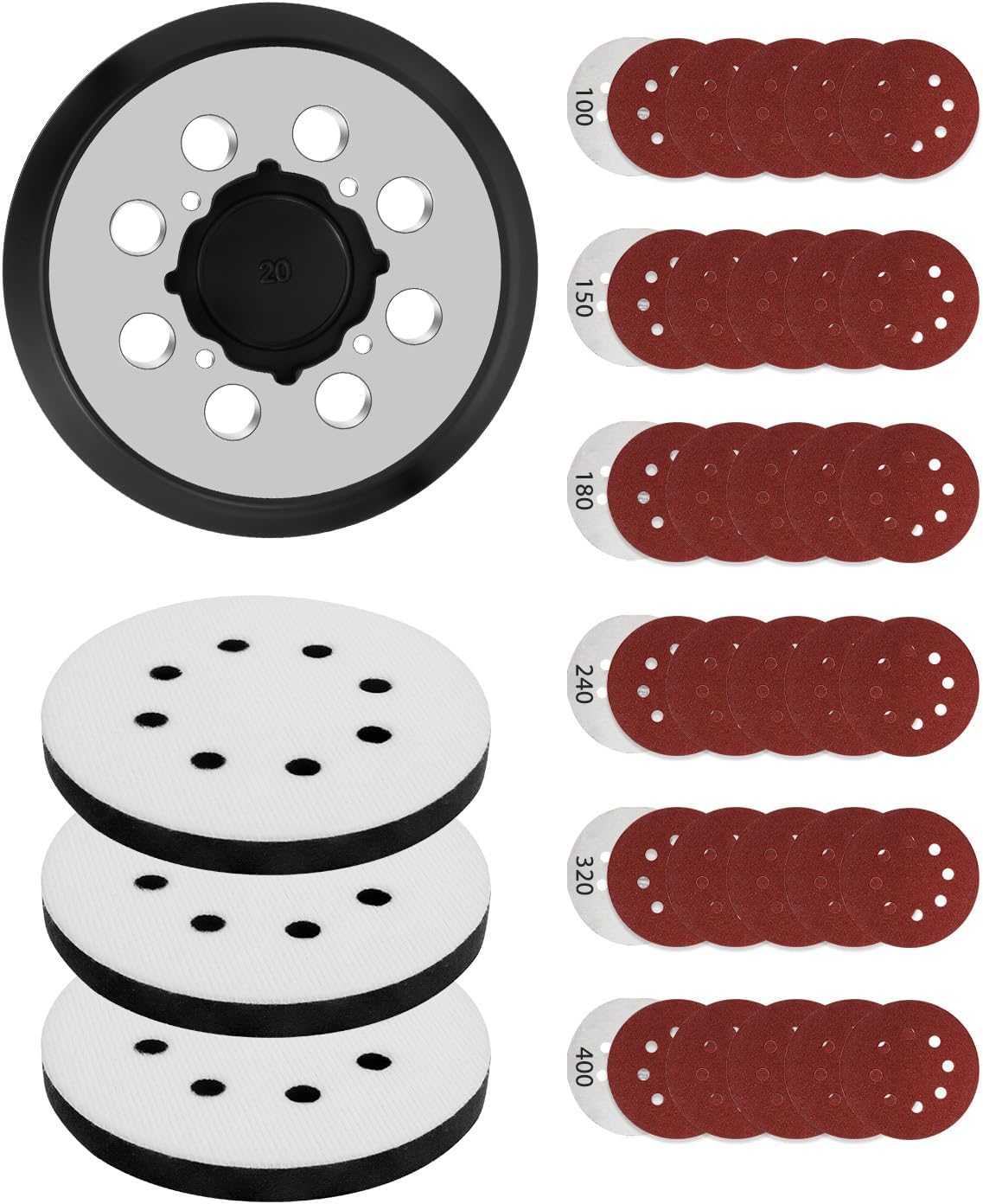 KeeTidy 5” Sander Pad for DeWalt DWE6423/6423K, DWE6421/6421K, DCW210B Random Orbital Sander Replacement Pad with 3* 5” 8 Hole Hook Loop Foam & 30 * Sanding Discs Include 100/150/180/240/320/400 Grit