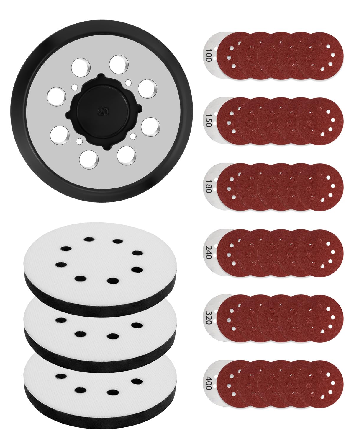 5” Sander Pad for DeWalt DWE6423/6423K, DWE6421/6421K, DCW210B Random Orbital Sander Replacement Pad with 3* 5” 8 Hole Hook Loop Foam & 30 * Sanding Discs Include 100/150/180/240/320/400 Grit