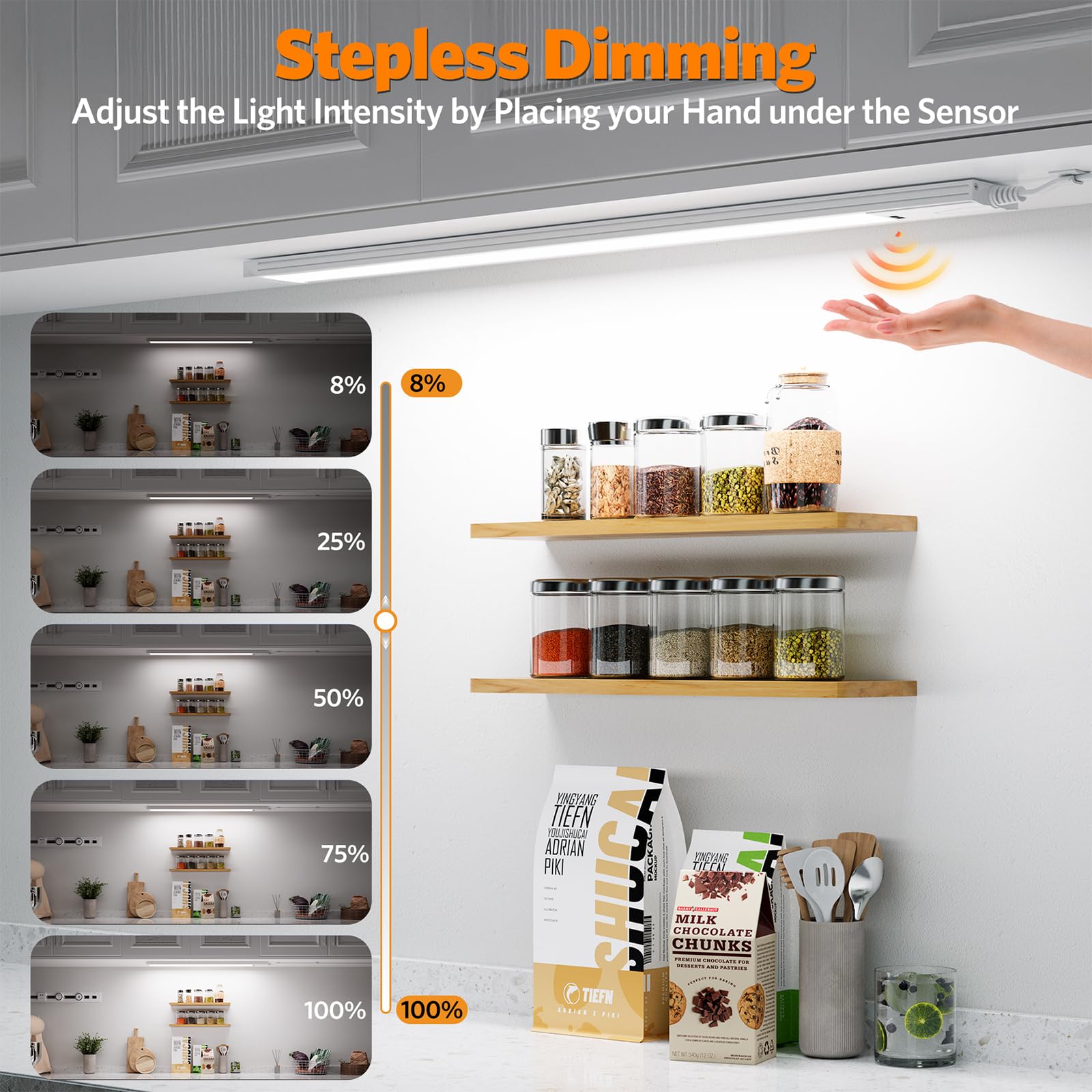 Lureshine Luce Armadio LED da 41CM 2 pezzi, dimmerabile, 3 temperatures, luce armadio LED con Sensore di Movimento, Luce Led Sottopensile per l'illuminazione di cucine, scaffali e piani di lavoro