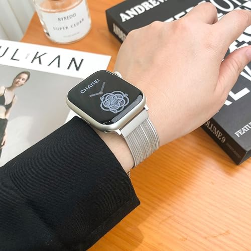 Miniatura 2 de Compatible con correas de Apple Watch para mujeres y hombres, correa de cadena plateada con borlas, metal dorado, bohemio, turquesa, cuero