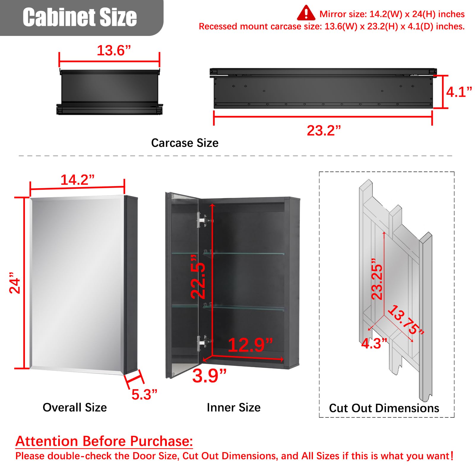 Fundin Medicine Cabinet 14 x 24 inches Mirror Size, Recessed or Surface Mount, Black Aluminum Bathroom Wall Cabinet with Mirror and Adjustable Shelves.