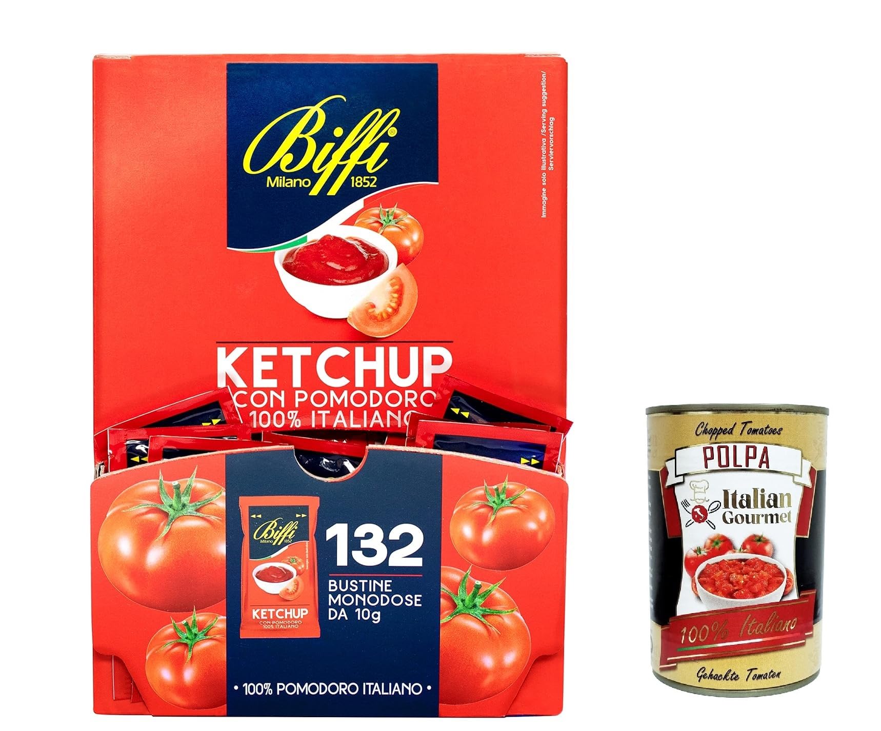 Italian Gourmet salsa ketchup Ketchup Sauce für Burger Panini 6 x 10g | Monoporzioni pratiche, gusto agrodolce; ideal zu Pommes, Hotdog, Grillparty, Gesamtnettogewicht 60 g + Kostenlos Polpa 400g