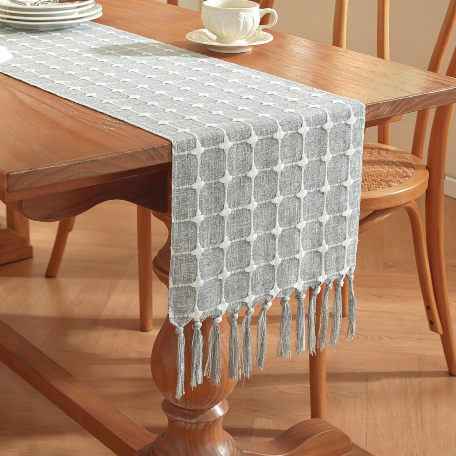 Cotton-Linen Blend Grid Plaid Table Runner With Hand-Torn Tassels,Fresh Home Decor Table Runner, for Dining, Coffee, Sideboards & Storage Cabinets(Grey,160cm/62.9in)