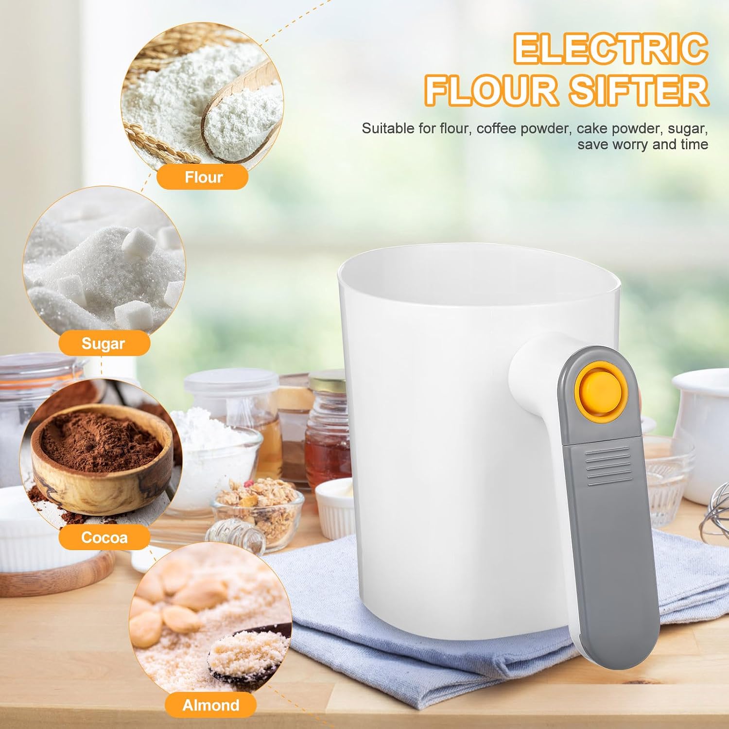 FUOYLOO Electric Flour Sifter For Baking Battery Operated Flour Sieve Handheld Powder Shaker Strainer for Powdered Sugar Cooking Pastry Baking Sifting Pastry Tools High-Efficiency Mesh
