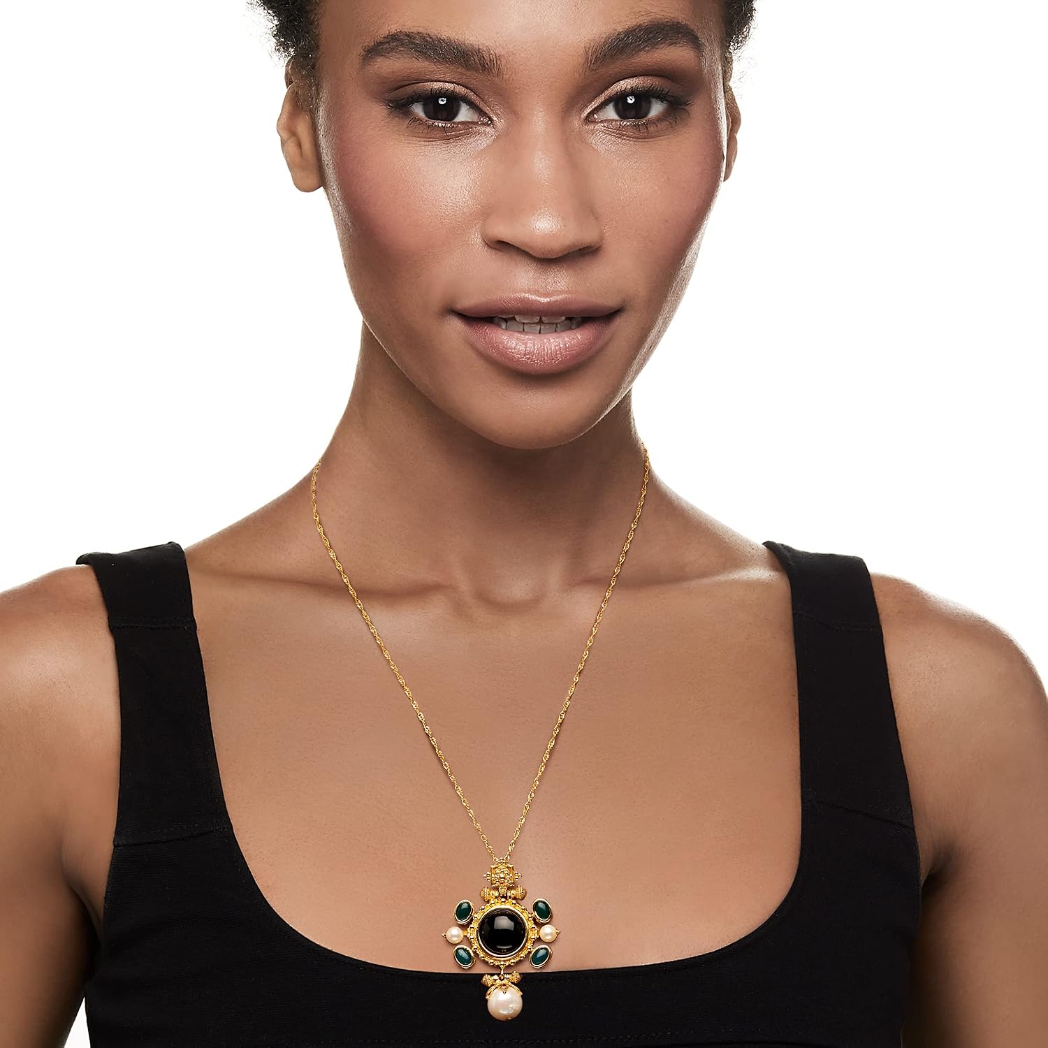 Ross-Simons Italian Cultured Pearl, Black Onyx and Green Agate Pendant Necklace in 18kt Gold Over Sterling Silver - Image 2