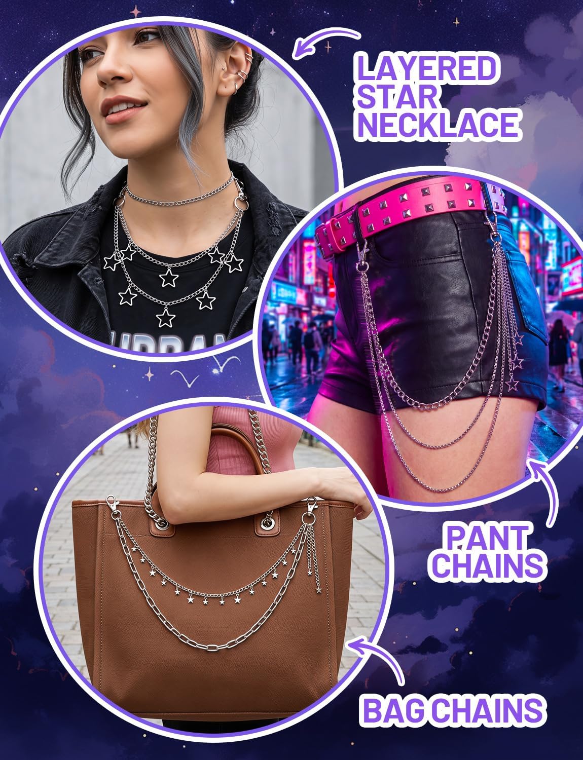Star Pants Chain Pocket Chains, 3Pcs Silver Pants Chain