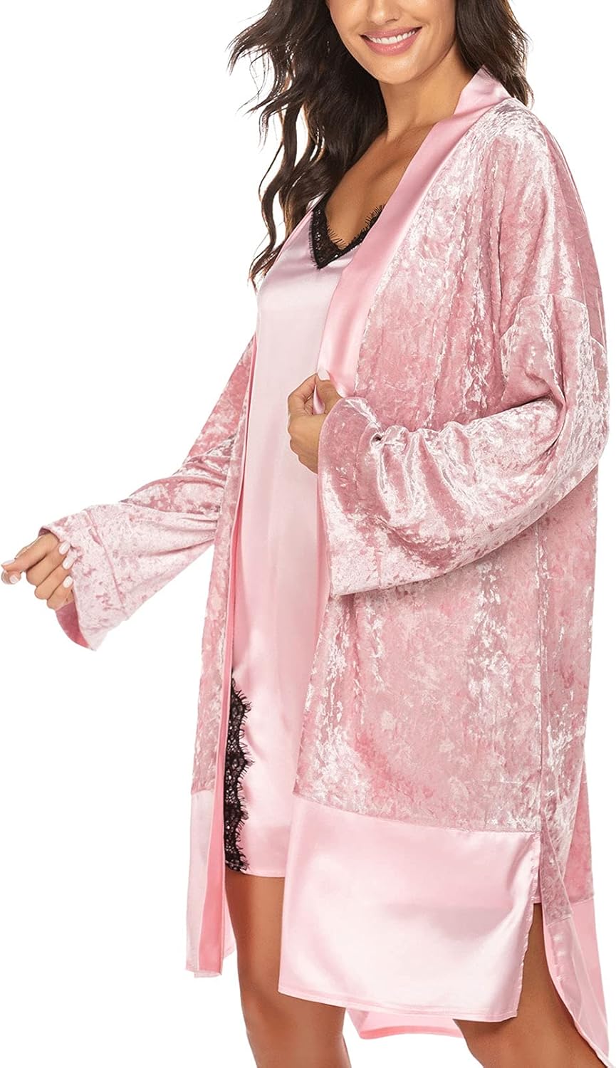 GTHTTT Womens Lingerie V Neck Nightwear Sleepwear Nightgown 2pcs Pj Sets Dress Robe,Pink,Large