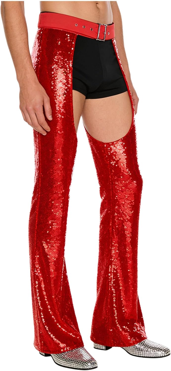 Mens Shiny Sequin Disco Dance Chaps Adjustable Waist Hollow Out Bell Bottoms Pants
