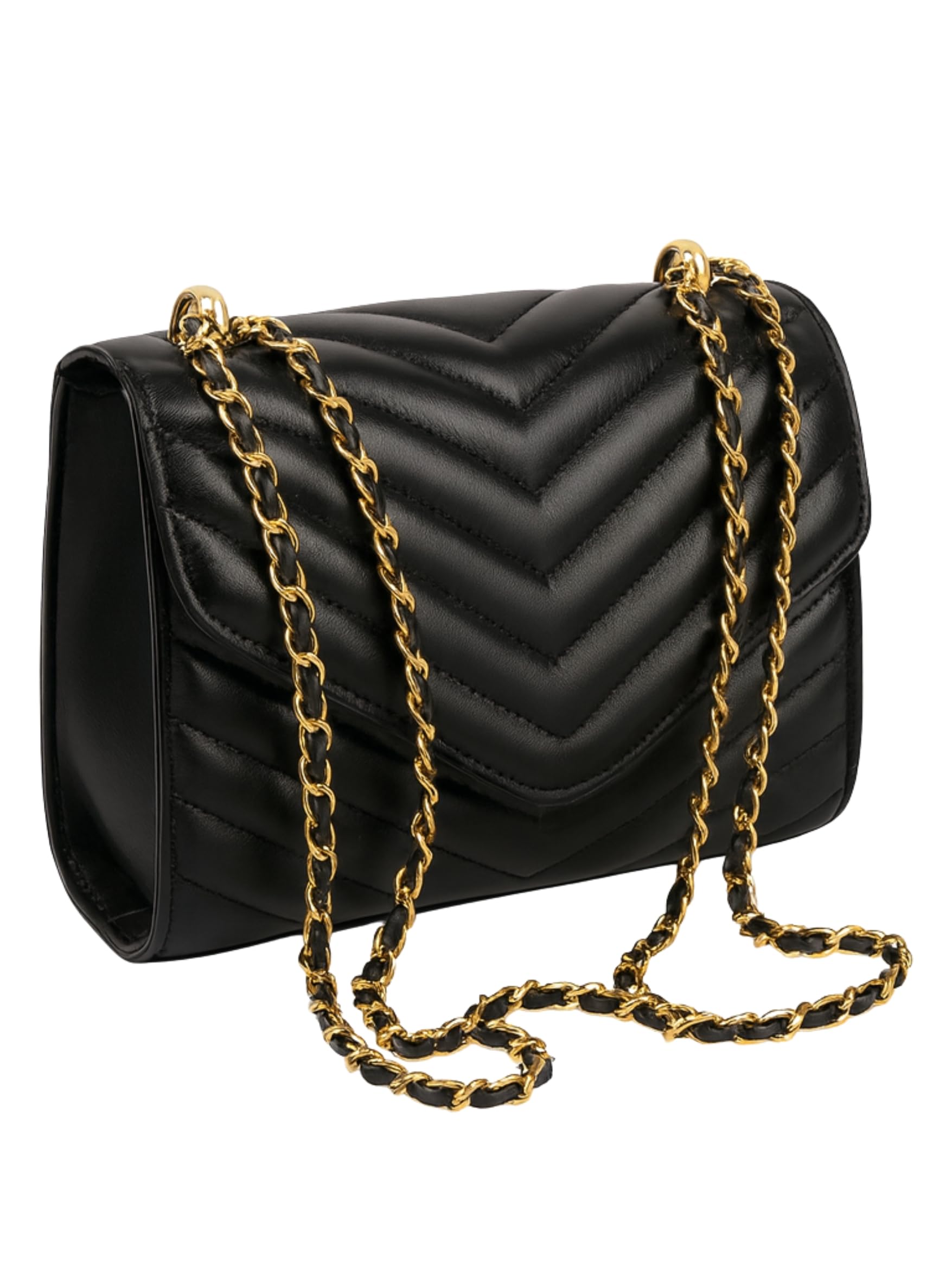 Quilted Chevron Crossbody Sling Bag with Chain Strap Leather Gold-Tone Hardware 19 x 15 x 6 cm-image-40