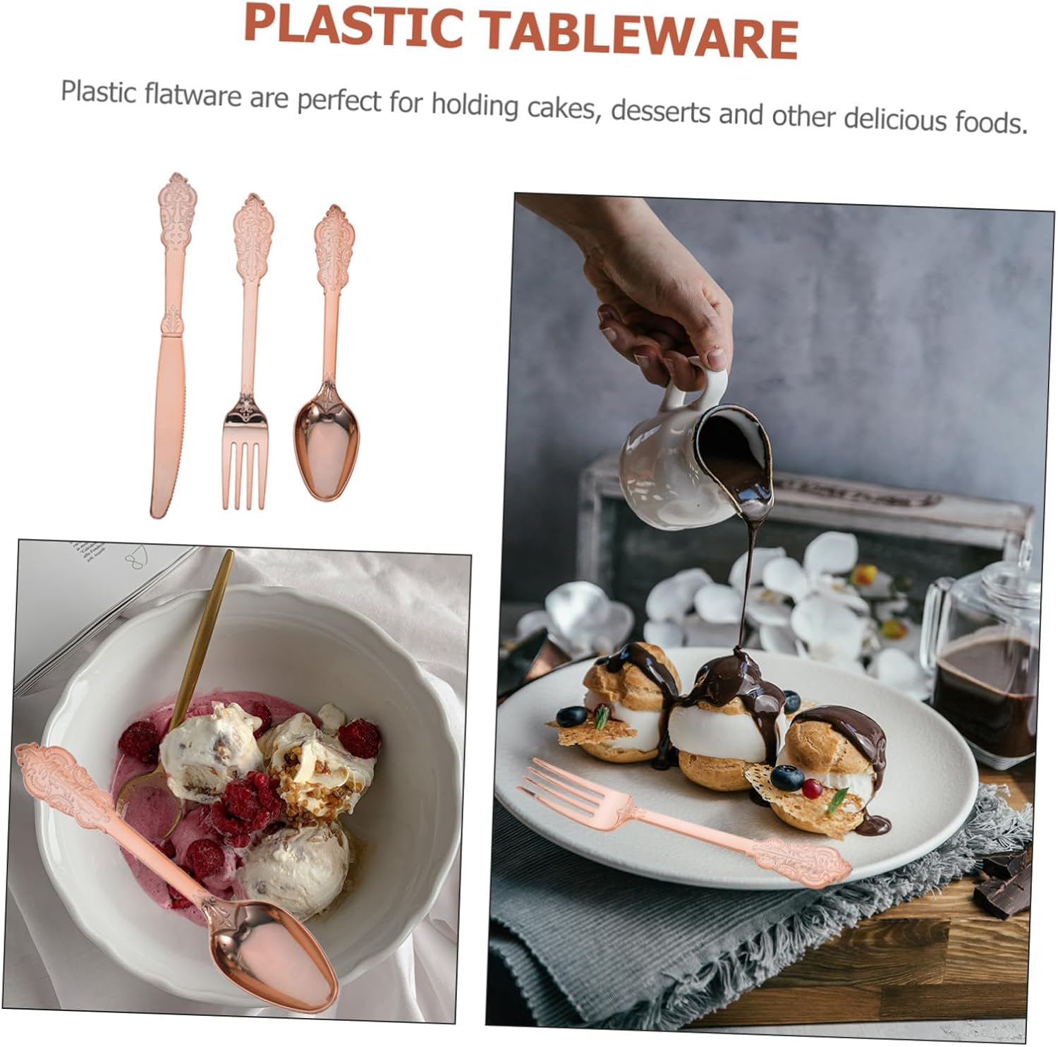 Disposable Plastic Silverware Set 18pcs (6 Sets) Rose Gold Plastic Tableware Fork Spoon Knife Multipurpose Cutlery for Parties Picnics Catering