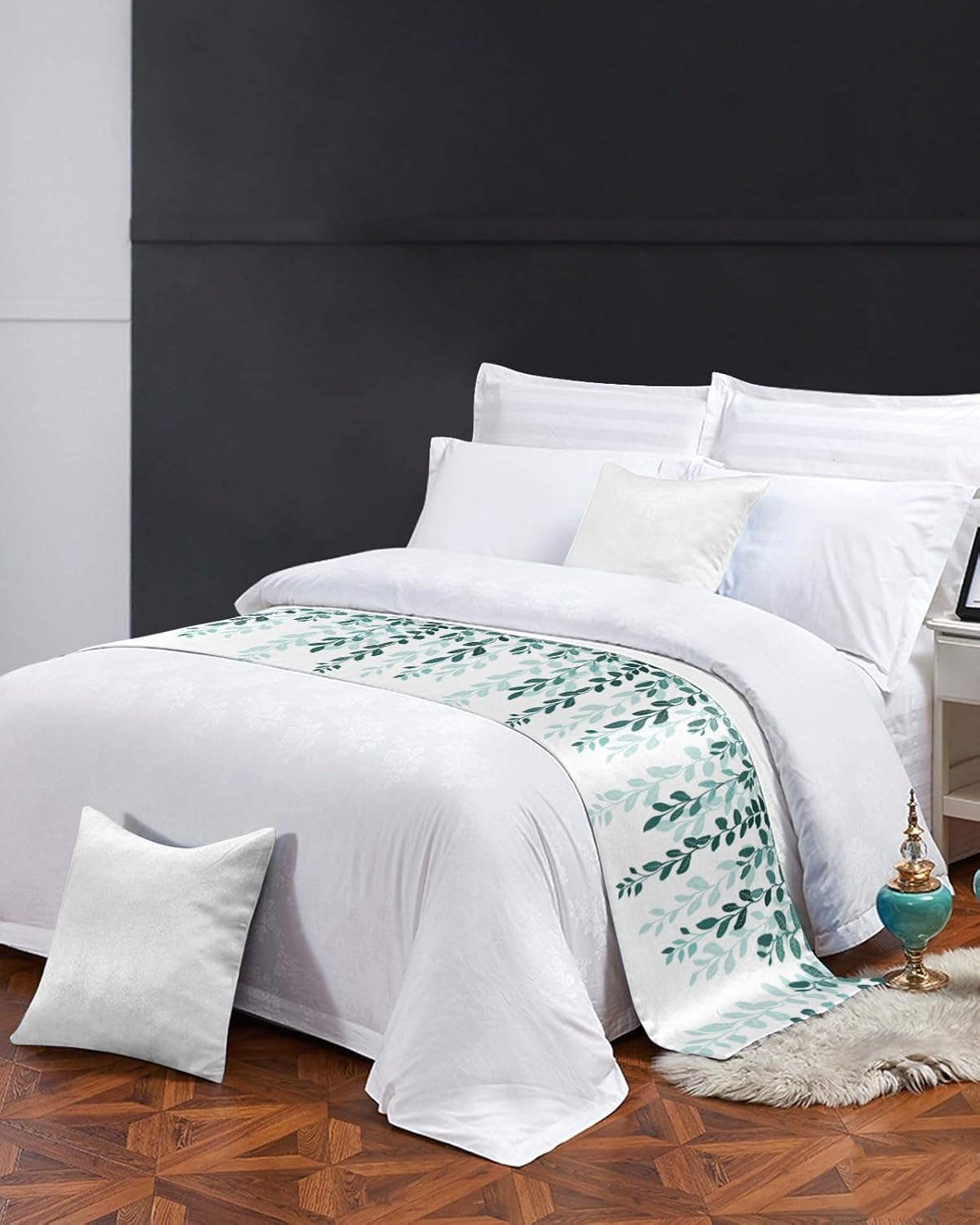 Emerald Green Eucalyptus Bed Runner Scarf Bedding Accessory for Twin Size Bed,Soft Bed Scarves and Runners Stainproof Dustproof Bedroom Protector for Hotel,Rustic Botanical Plant Leaves 71"x20"