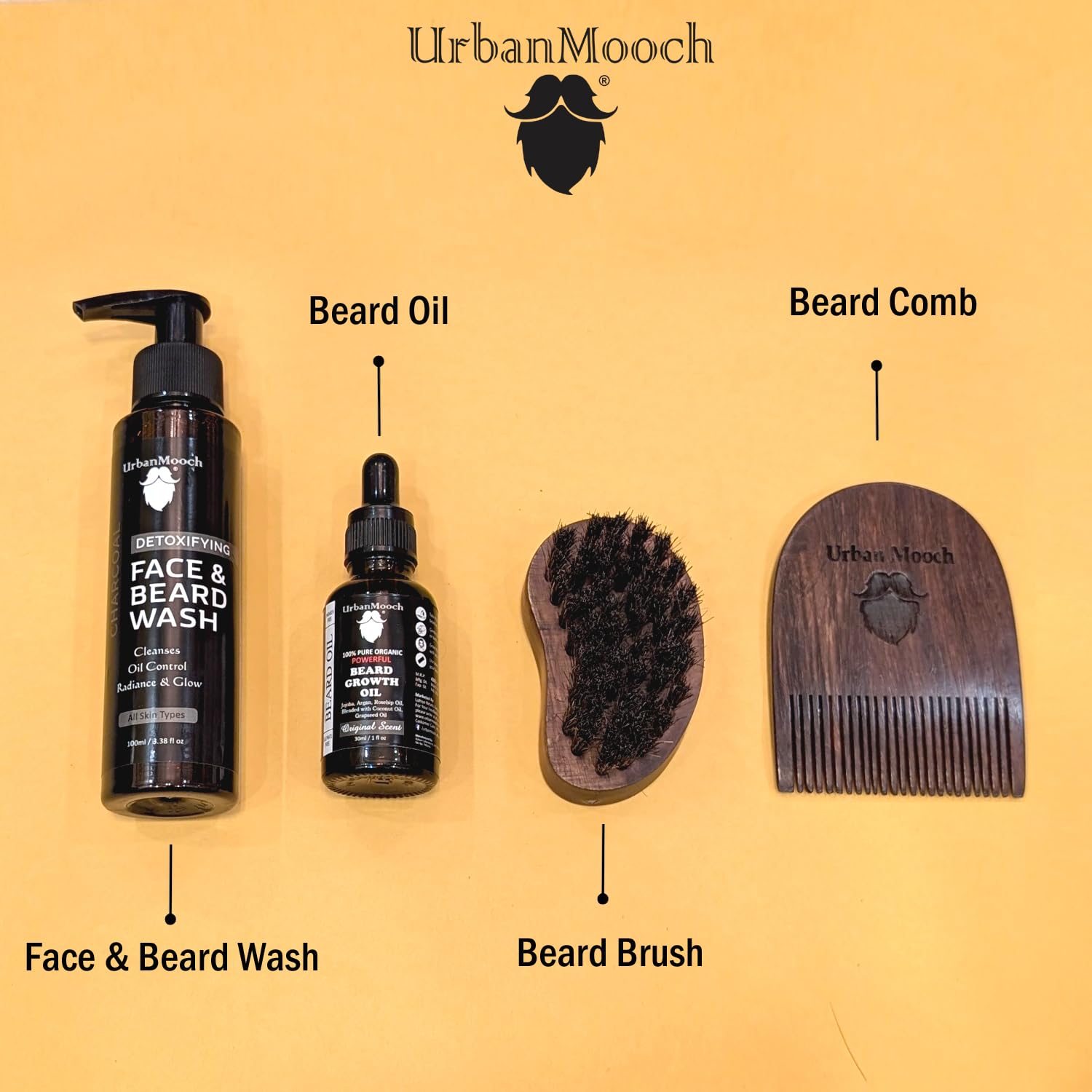 UrbanMooch 4 in 1 Beard Grooming Kit for Men | Anniversary, Birthday, Valentine Gift for Boyfriend, Husband | Charcoal Face & Beard Wash, Powerful Beard Growth Oil, Boar Bristle Beard Brush & Wooden Beard Comb | Ultimate Grooming Kit - Image 7 thumbnail