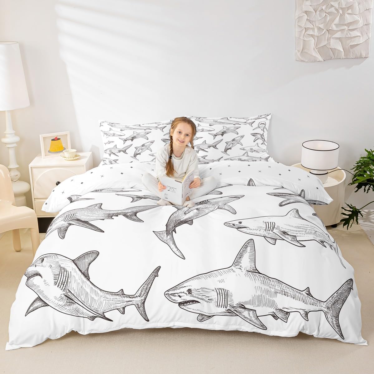Erosebridal Teens Shark Bedding Set, Ocean Life Duvet Cover for Kids Boys Girls Adult Dolphin Whale Comforter Cover Full Size Marine Life Sea Animal Bedspread Cover 3 Pcs with 2 Pillow Cases