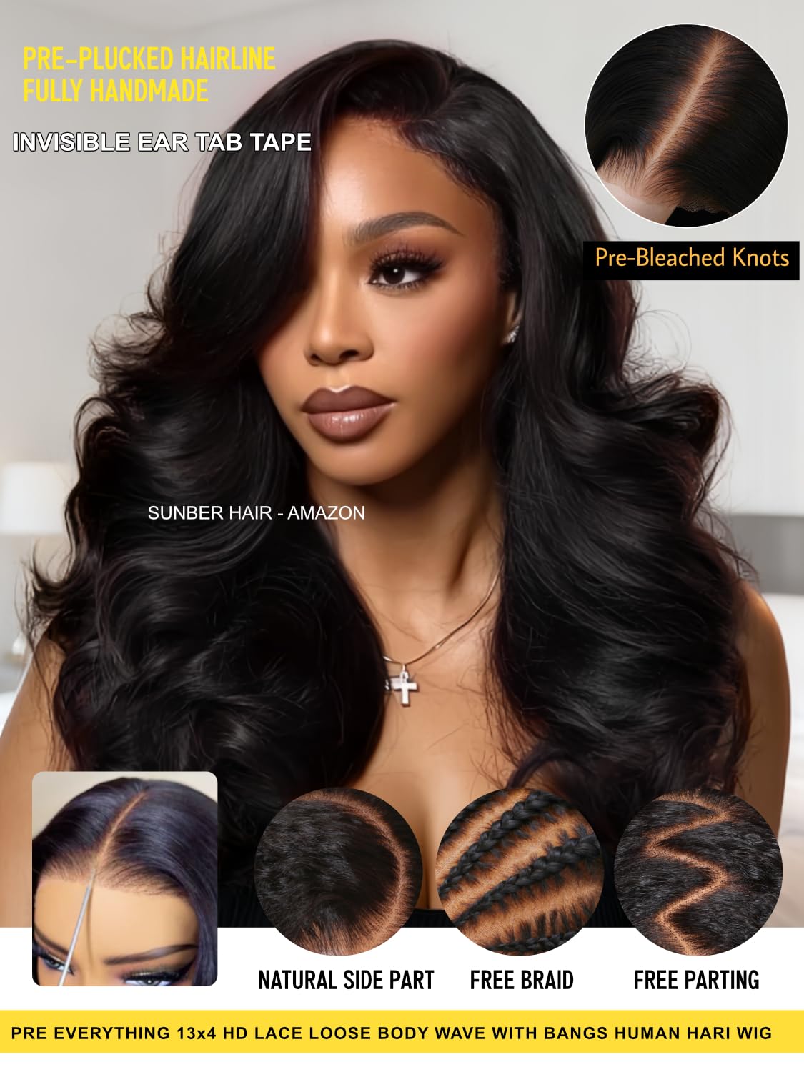 Sunber Feathered Layer Left Side Part 200% Density Wig with Secure Silicone Strips and Drawstring Pre Cut 13x4 HD Lace Front Body Wave Glueless Wigs Put On and Go Pre Plucked Pre Bleached Knots 26Inch