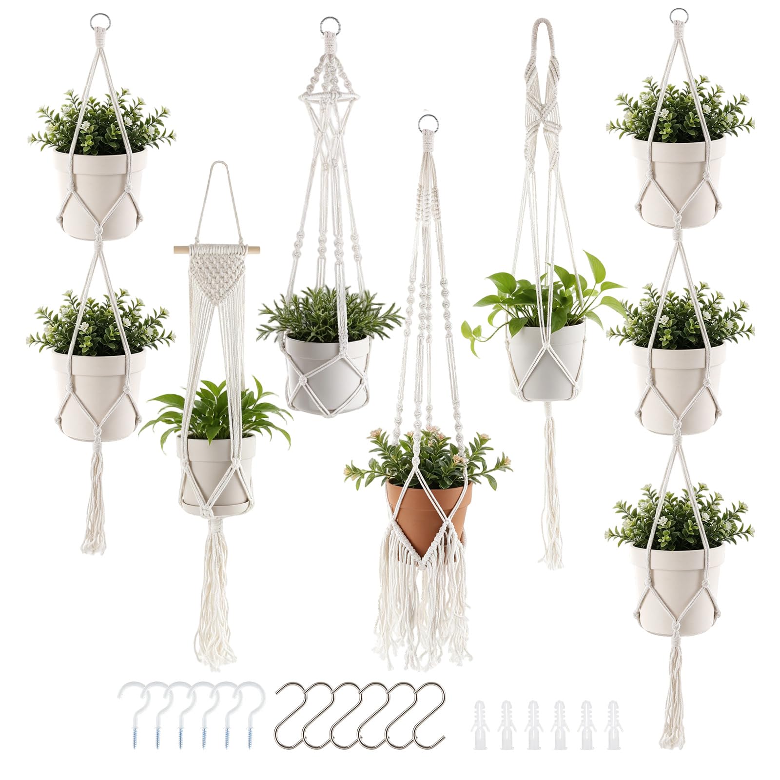 APACALI 6 Pack Macrame Plant Hanger, Hanging Plant Holder, Plant Hanger Indoor with Wood Beads for Home Garden Balcony Ceiling Decor, 6 Different Sizes, White