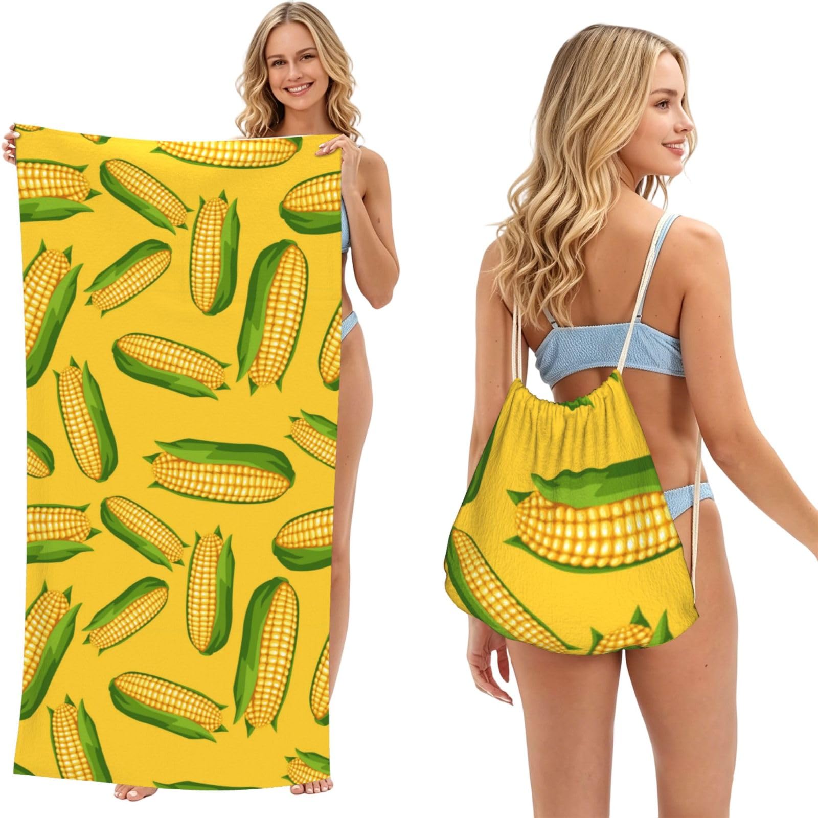 Poadnly As Picture Fresh Ripe Corn Cobs Pattern, 2 In 1 Packable Towel Bag, Beach Towels With Drawstring Backpack For Travel Holiday Camping