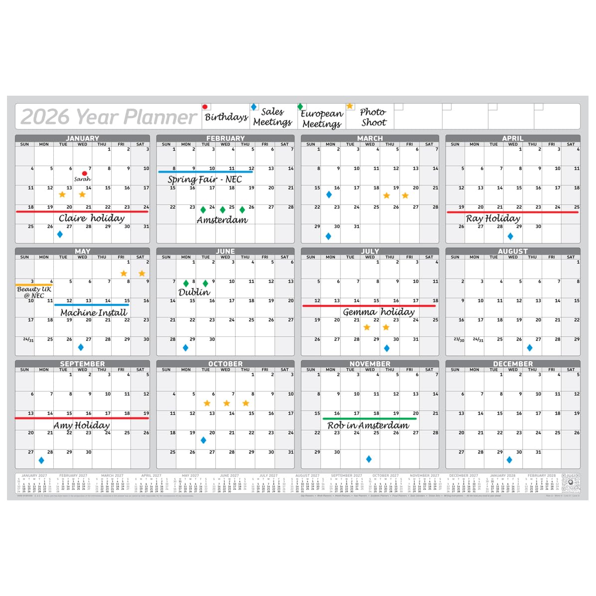 PlannerHead 2026 Grid Style Unmounted & Unlaminated Wall Planner Calendar Chart Poster 12 Months/Yearly Calendar 2026/2027 Footnote/Flexible for Any Country/Grey Gigantic (90x135cm)