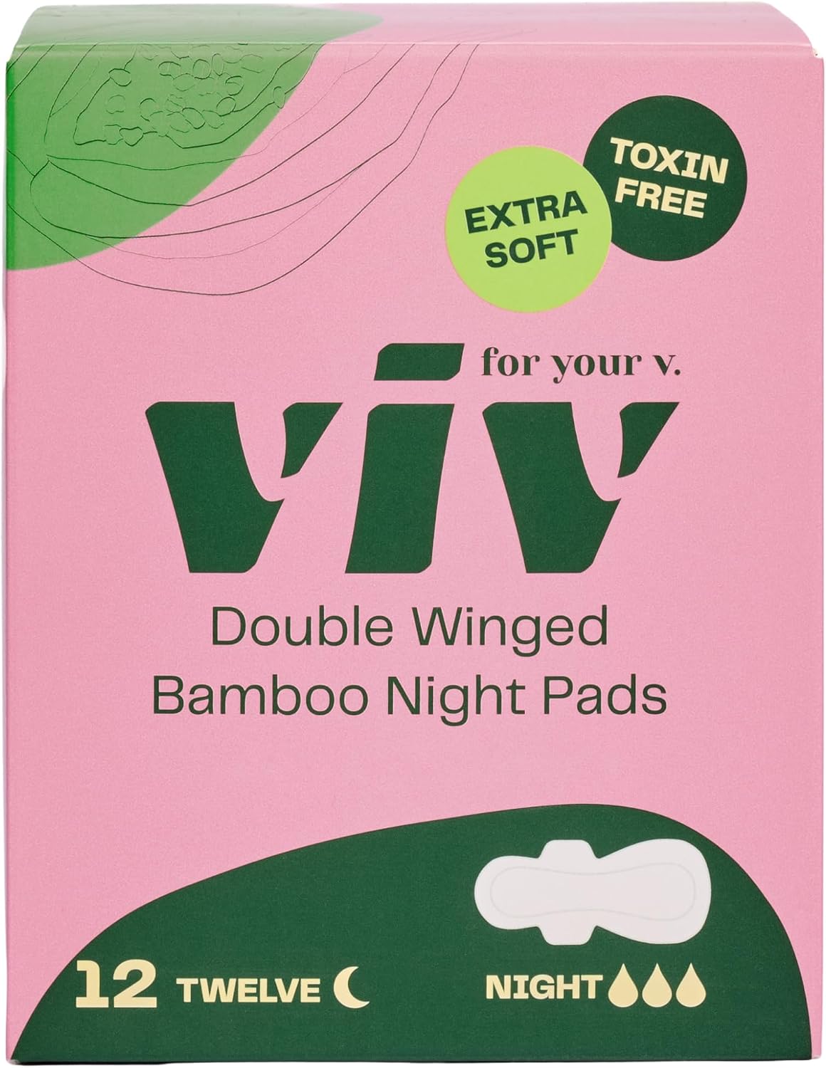 Viv for Your V Bamboo Organic Pads for Women | Soft, Thin, Absorbent Sanitary Pads with Wings | Unscented, Earth-Friendly | Postpartum Gift for Mom | Regular Absorbency (12 Pack)
