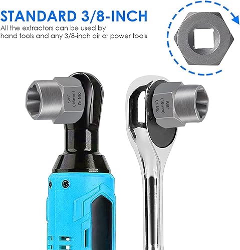 Miniatura 5 de XEWEA Juego de 8 piezas de 38 pulgadas de perno de impacto y extractor de tuercas, herramienta para quitar pernos y tuercas pelados, dañados,