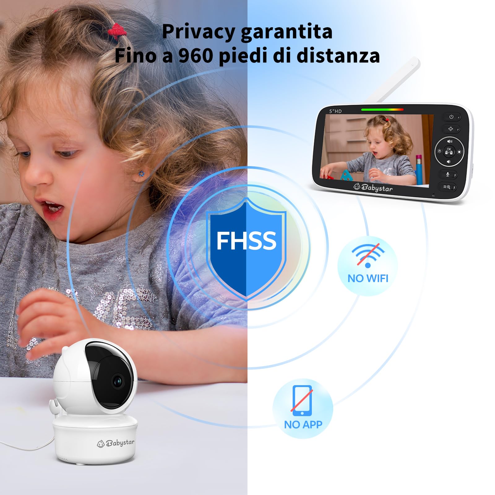 Babystar Babyphone con fotocamera da 5 pollici, 720P, video HD, senza Wi-Fi, con fotocamera e audio, batteria da 4000 mAh, funzione vox, sensore di temperatura, visione notturna, audio a 2 vie