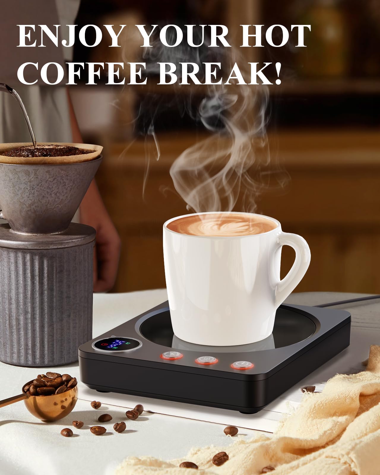 HOMEASY Calentador de Tazas, 30W para Tazas Eléctrico con 3 Configuraciones de Temperatura 4H Apagado Automático para Escritorio Agua Caliente Té Leche Calentador Regalo Negro